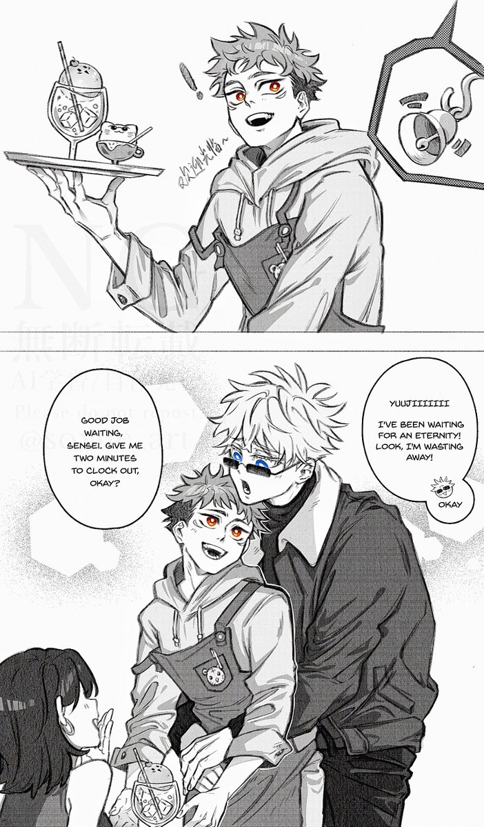 soxue_art's tweet photo. Free Day 💙 Coffee au 🧡 

 My excuse to draw Yuuji in apron🧍
#goyuuweek2026 @goyuu_week https://t.co/5EvgA1XYYD