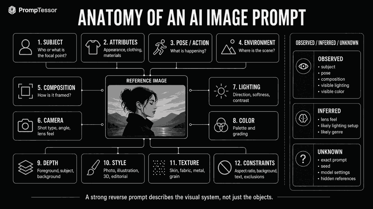 PrompTessor's tweet photo. A good AI image prompt is more than a list of objects

Subject, composition, camera, lighting, color, depth, style, texture, and constraints all shape the result

That’s also what a useful reverse prompt should try to recover

Not just what’s in the image, but how the image works https://t.co/abU3cFIkYO