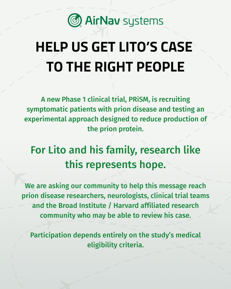 AirNavRadar's tweet photo. We’re asking our community for help.

@avioesemusicas, a valued aviation influencer and creator of Aviões e Músicas, has been diagnosed with Creutzfeldt-Jakob disease (CJD), a rare and rapidly progressive neurological condition.

For Lito and his family, time matters. We want to help his case reach the researchers, specialists, and organizations working at the forefront of prion disease research.

If you know someone who may be able to help make the right connection, please share this post and tag the relevant teams and specialists.

We would especially appreciate help getting this message in front of:
@ionispharma 
@broadinstitute 
@Harvard 
@MayoClinic 

We are not asking for promises. We are asking for Lito’s case to be seen, reviewed, and considered by the right people.

Sometimes, one connection can make all the difference.
