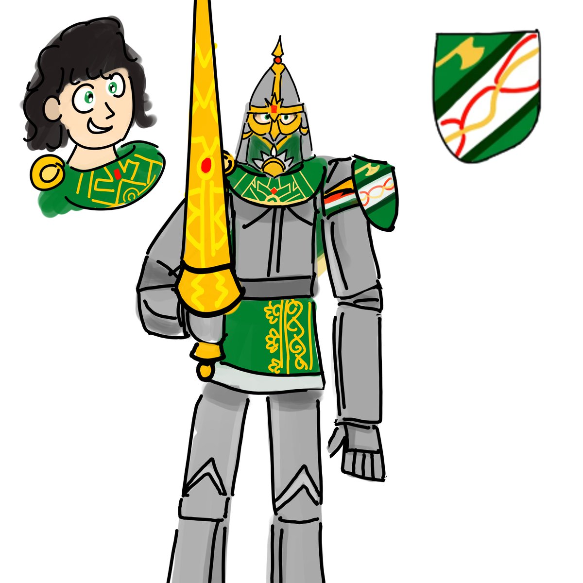 FiredogStu8's tweet photo. Oskar Eldvanson, wearing his #jousting armour.
Although it was meant to reflect his Norse background, there are also Ardeschen (armour) and Vozonid influences (sunrise patterns, spinels)
#armor #artshare #worldbuilding #ocshare https://t.co/6WshxxR599