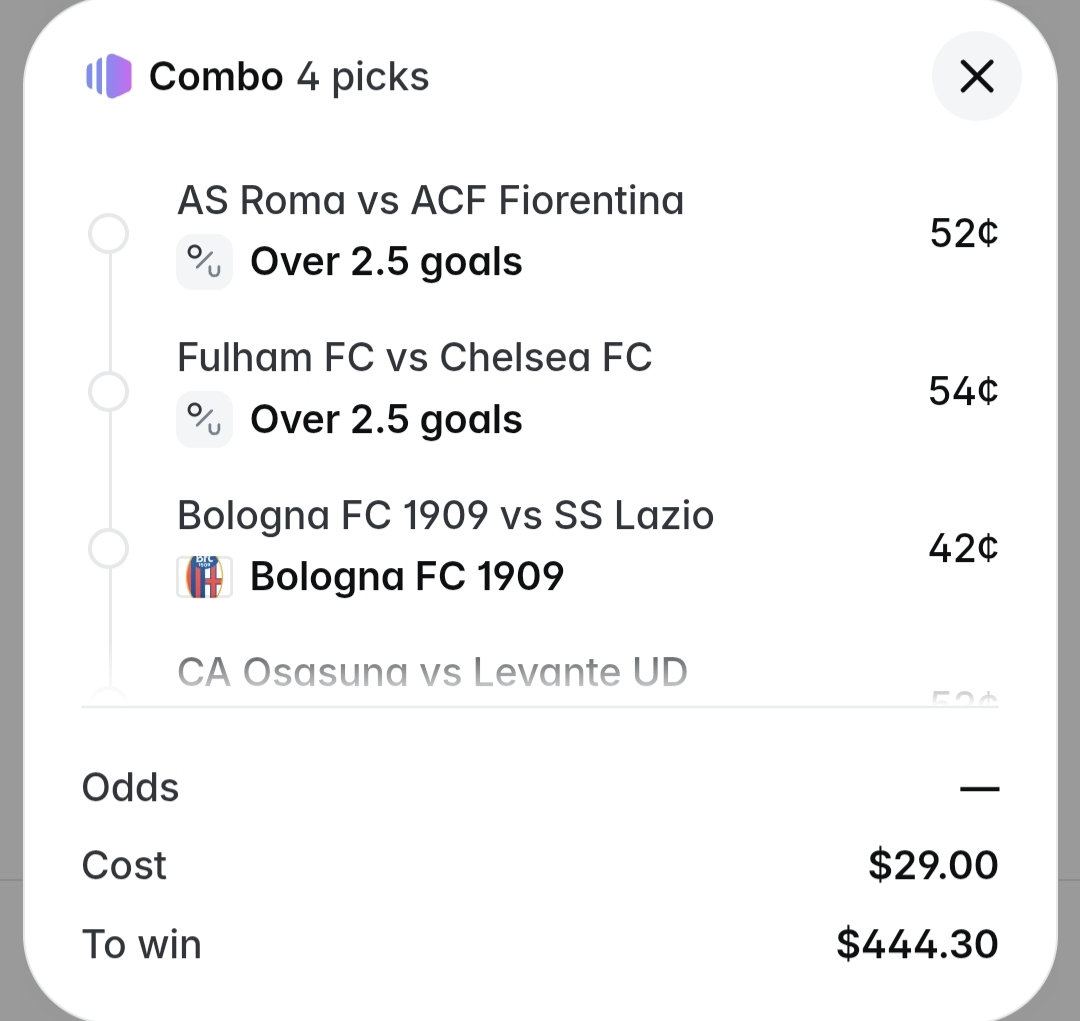 intermester69's tweet photo. Today's 4 match combo on @Polymarket : Bologna and Osasuna to win at home, and over 2.5 goals in the other two matches
#seriea #premierleague #laliga https://t.co/i29xnRlJk9