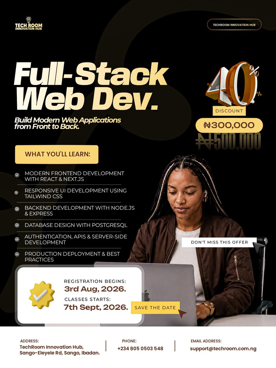 techroomhub's tweet photo. The developer who can do it all is the one every team fights to hire.
Our Full-Stack Development track teaches you to build complete applications, front to back.
Applications open now
#FullStackDeveloper #TechAcademy #TechSkill https://t.co/5DxtC3Et7M
