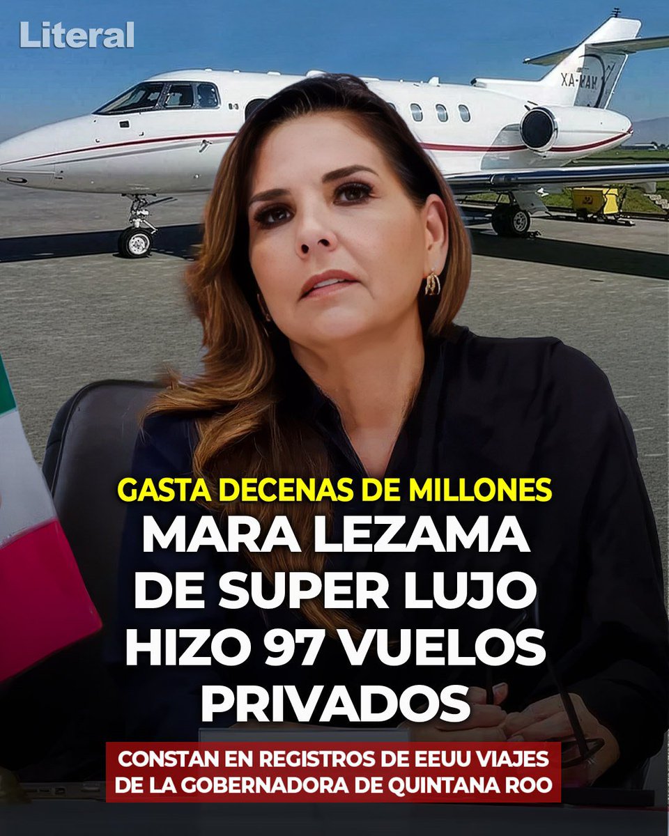 RenataFierromx's tweet photo. AUSTERIDAD SOLO PARA EL PUEBLO.

Mara Lezama tiene 97 vuelos privados registrados desde que era alcaldesa.

Un viaje a Orlando puede costar $406 mil y uno a Vail $812 mil.

Morena vive en austeridad… pero en jet privado. https://t.co/g3yFsdmzLo