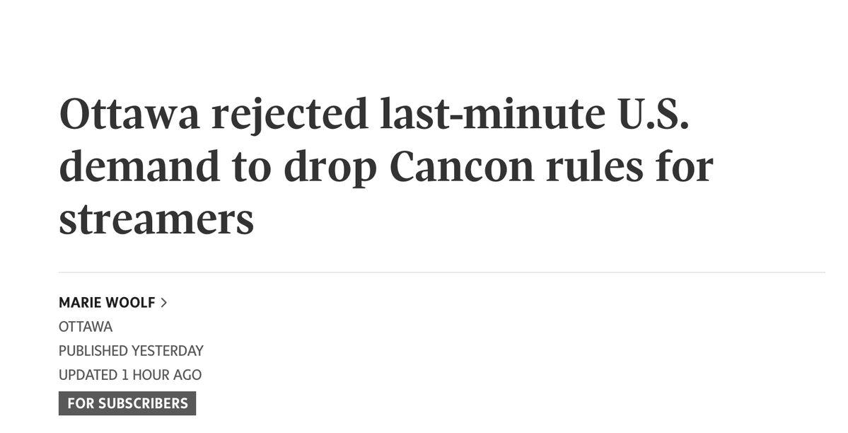 JJ_McCullough's tweet photo. Really sounds like Carney blew up trade talks with the US in order to uphold Trudeau's moronic Bill C-11, and its efforts to bully streaming platforms into pushing government-certified "Canadian content." This is an utterly insane thing for Carney to prioritize over 50% tariffs. https://t.co/WrTXLM4ttl
