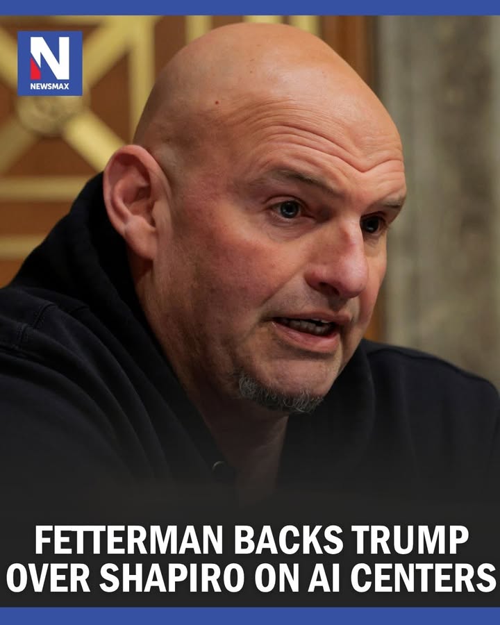 NEWSMAX's tweet photo. FETTERMAN BACKS TRUMP: Sen. John Fetterman on Saturday dismissed "AI doomsdaying" and sided with President Trump's push to speed construction of AI data centers, warning that China gains whenever the U.S. overreacts to the technology's risks. https://t.co/bNSuIwYyWi