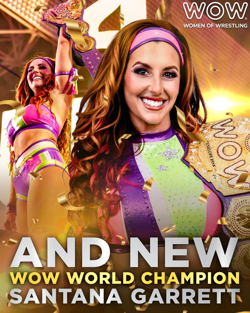 wowsuperheroes's tweet photo. AND NEW! 🏆 Santana Garrett dethroned Penelope Pink to become the NEW WOW World Champion! Santana now joins an elite group as one of the few to ever become a two-time WOW World Champion! 🏆🏆

Join us in congratulating the new champ! 👏 

#WOWSuperheroes https://t.co/R412IDcNXT