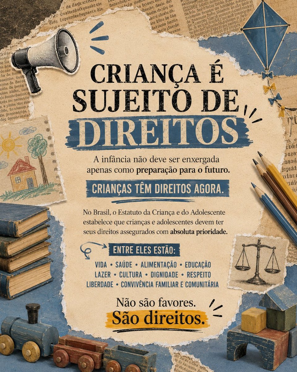 olhaelativista's tweet photo. Infância é tempo de descobrir o mundo, brincar, aprender, imaginar e construir vínculos. Mas, acima de tudo, infância é tempo de ter direitos garantidos. 💙

Neste 24 de agosto, Dia da Infância, a data também nos convida a lembrar que crianças são sujeitos de direitos no presente — não apenas pessoas que estamos preparando para o futuro.

O Estatuto da Criança e do Adolescente (ECA) assegura, com absoluta prioridade, direitos fundamentais como vida, saúde, alimentação, educação, lazer, cultura, dignidade, respeito, liberdade e convivência familiar e comunitária.

Garantir esses direitos não é tarefa exclusiva das famílias. Família, comunidade, sociedade e poder público compartilham a responsabilidade de proteger crianças contra negligência, discriminação, exploração, violência, crueldade e opressão.

Neste Dia da Infância, celebrar também significa assumir compromisso:

escutar, cuidar, proteger e garantir direitos.

Porque toda criança merece não apenas crescer, mas viver plenamente a sua infância, com proteção e dignidade. 📢💙

#PraTodosVerem | #Acessibilidade: As imagens deste carrossel possuem descrição acessível (ALT).