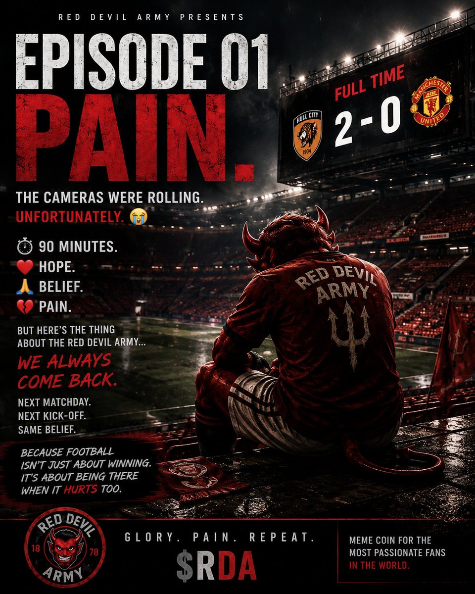 RDAtoken's tweet photo. 🎬 EPISODE 01 — PAIN. 💔
The cameras were rolling.
Unfortunately. 😭

90 minutes.
❤️ Hope.
🙏 Belief.
💔 Pain.

But here's the thing about the Red Devil Army...
We always come back.
Next matchday.

Next kick-off.

Same belief.

Because football isn't just about winning.
It's about being there when it hurts too. 🔴

GLORY. PAIN. REPEAT.
👹 RED DEVIL ARMY
$RDA
Season One has officially begun.
#RDA #RedDevilArmy #MUFC