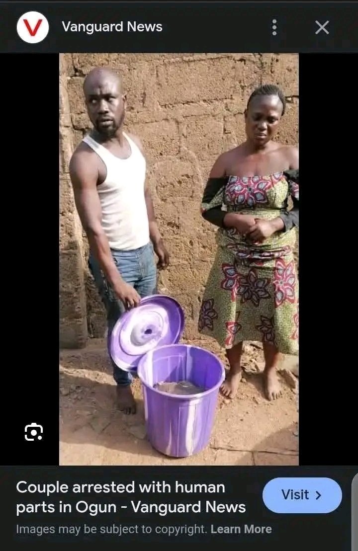 ifeanyichukwu83's tweet photo. BREAKING!

This Y0ruba couple from Nigeria has been arrested for the possession of fresh human parts.

They kill humans &amp; sell their body parts to Y0ruba customers for various rituals

Their names are: Kehinde Oladimeji (43) and his wife, Adejumoke Raji. 

 both from Ogun state https://t.co/rJecUNWzS0