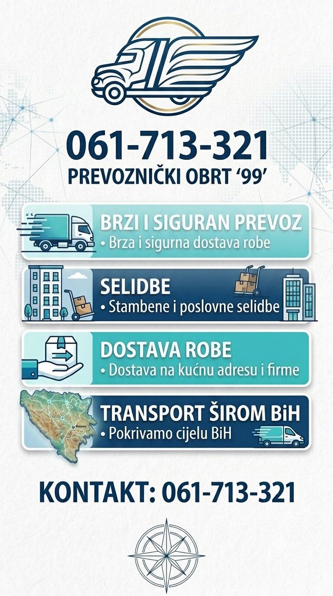Prevoznik_99's tweet photo. 🚚 PREVOZNIČKI OBRT "99" ZENICA

Treba ti brz i siguran prevoz? Mi smo tu!
✅ Selidbe (stan, kuća, firma)
✅ Dostava robe i namještaja
✅ Transport širom BiH - svaki dan na terenu!

📞 Pozovi odmah: 061-713-321
💰 Povoljno, brzo, pouzdano - 100% zadovoljnih mušterija! https://t.co/hYFinsMipa