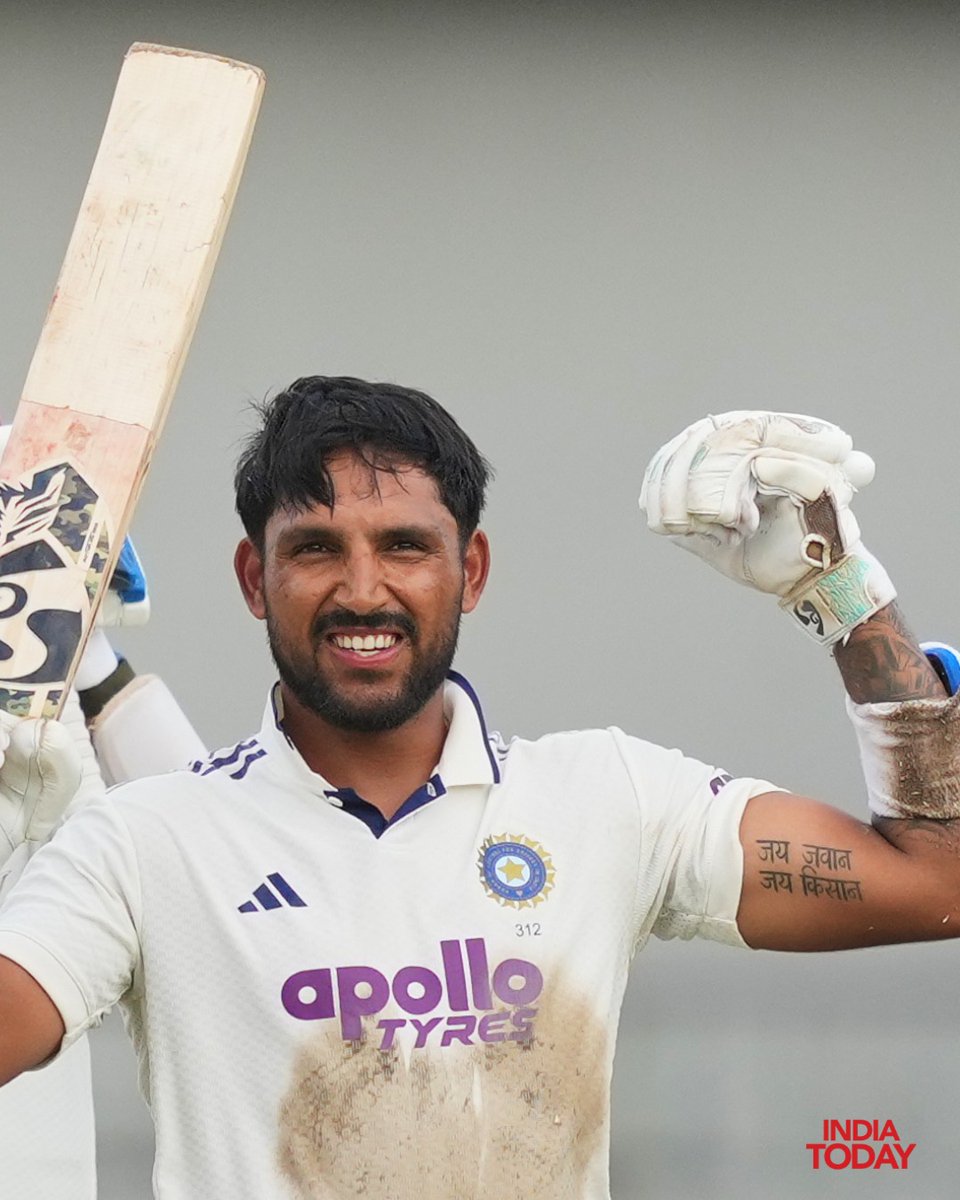 IndiaToday's tweet photo. India wicketkeeper-batter Dhruv Jurel celebrated his century against Sri Lanka in the second Test by proudly displaying his bicep tattoo that reads, ‘Jai Jawaan, Jai Kisaan’.

Jurel revealed the special significance behind the gesture, saying, “My grandfather was a farmer and my father, a soldier.” He reached his century off 171 balls, helping put India in a strong position.

#DhruvJurel #TeamIndia #JaiJawanJaiKisan #INDvsSL #Cricket