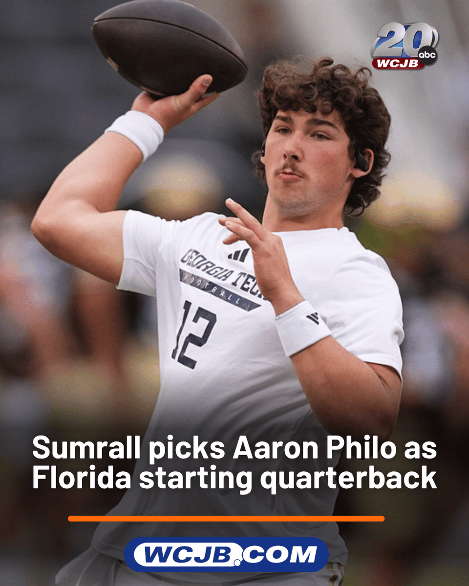 WCJB20's tweet photo. New: "As we prepare for game one, Aaron Philo, we are preparing for him to be the starter for week one,” said University of Florida Gators Head Coach Jon Sumrall. 🔽
https://t.co/Yfb2Ywv4vE 
#uf #floridagators #universityofflorida #aaronphilo https://t.co/B4FgvOQRcT