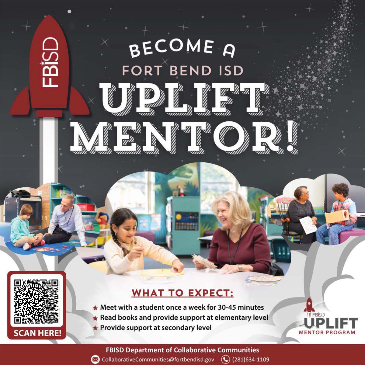 FortBendISD's tweet photo. The Fort Bend ISD UPLIFT Mentor Program is soaring into the 2026-2027 school year, and we need stellar community members and district staff like you to help our students reach new heights!

Be a mentor, and watch students launch into success.

For more details, visit: https://t.co/5mQR0jyWCm

#MakeYourMark #MakeAnImpact #MentorImpact