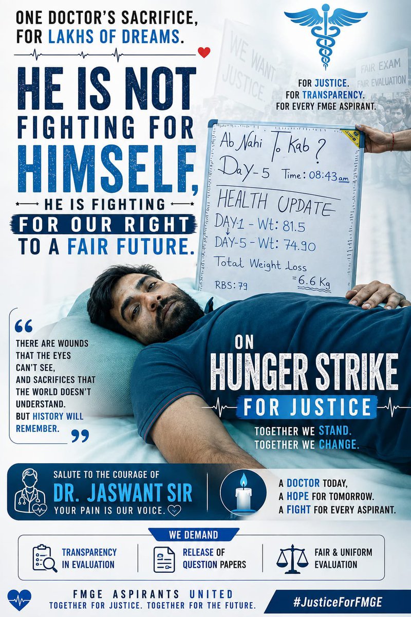 AvlokDr86329's tweet photo. Dr.Jaswant Sir is on Day 5 of his hunger strike,demanding just Compensation for FMGE June 2026 candidates.His RBS is 79 mg/dL &amp; prolonged fasting increase medical risks.@PMOIndia
@JPNadda @MoHFW_INDIA @NBEMS_Official please act now.Don’t wait for a medical crisis.#FMGEJune2026 https://t.co/ium3iEL91o