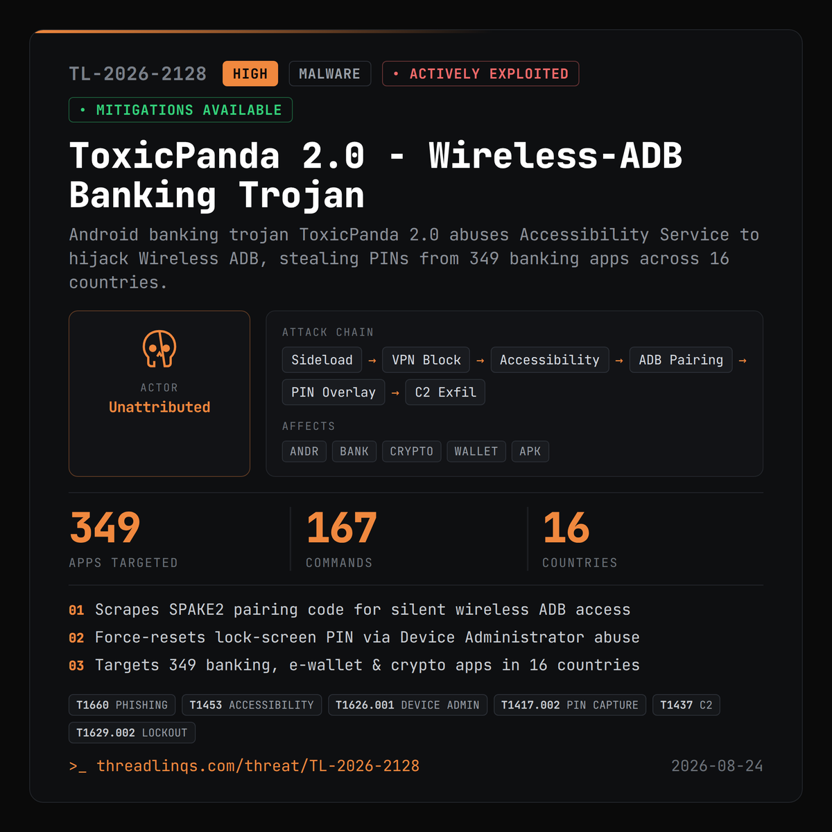 threadlinqs's tweet photo. ToxicPanda 2.0 silently pairs wireless ADB via Accessibility taps, then steals your banking PIN. https://t.co/KTUwHvEx7i #ThreatIntel #ToxicPanda #TgToxic #AndroidBanking https://t.co/WpPCTXx6o2