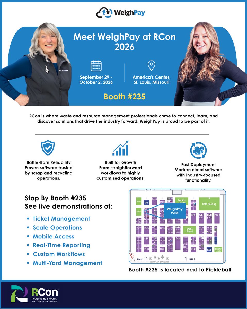 WeighPay's tweet photo. Meet WeighPay at @SWANA RCon 2026. Visit Booth #235 to see how modern, industry focused software can simplify waste and recycling operations.

See WeighPay in action and discover smarter ways to manage your operations from scale to sale. https://t.co/waO3YdY8l0