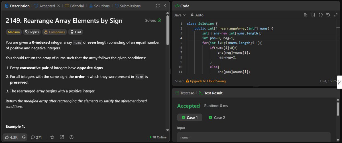 RadhikaKarma's tweet photo. Today I solved 2 LC problems 

31. Next permutation ✅ 
2149. Rearrange Array Elements by Sign ✅ 
From @striver_79's A2Z sheet 

Day 9 of DSA
#LeetCode #dsa #java https://t.co/VXPzmpkoUC