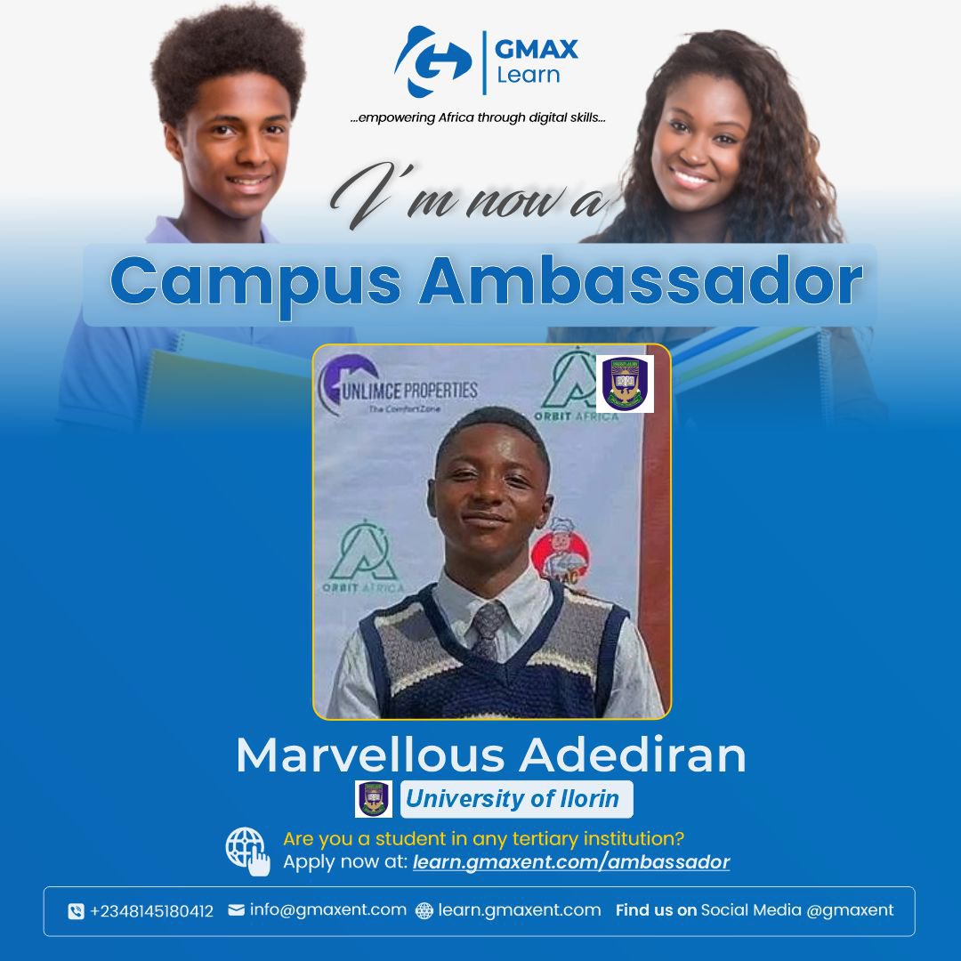 gmax_ent's tweet photo. 🚀 Meet our newest GMAX Learn Campus Ambassadors! 🎓

Yusuf Nuhu — Ahmadu Bello University
Marvellous Adediran — University of Ilorin

They’re joining a growing community of students championing digital literacy, innovation &amp; learning on their campuses. https://t.co/Kts33g83Zt