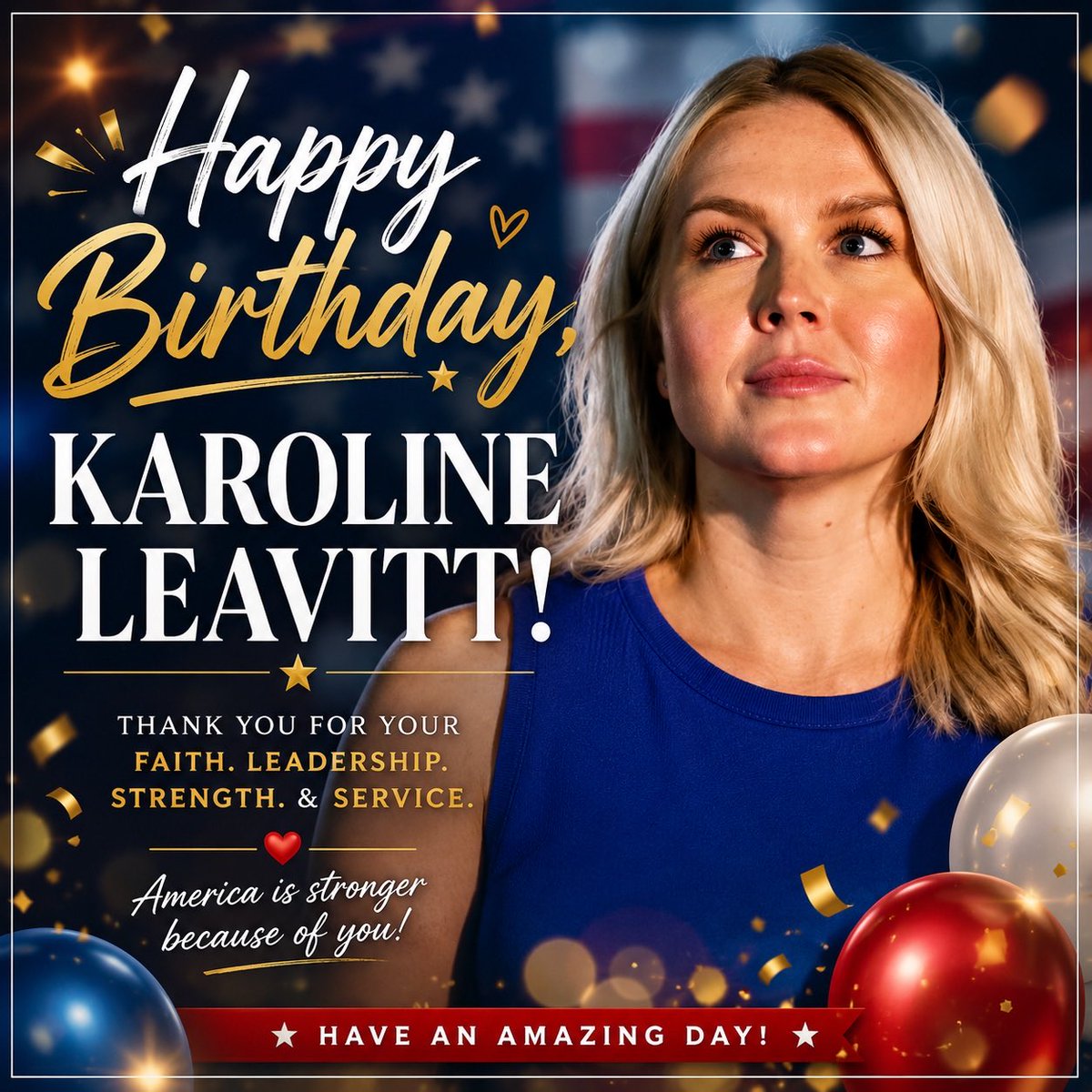 GuntherEagleman's tweet photo. Happy Birthday to @karolineleavitt! 🇺🇸

Wishing an incredible day to a strong, fearless woman who loves her family, stands proudly for her faith, and refuses to apologize for what she believes.

America needs more young people with courage, conviction, and the backbone to stand tall when the pressure comes.

Karoline represents a generation that isn’t afraid to fight for the country we love.

May God bless her and her family with another amazing year ahead. 

Happy Birthday, Karoline! 🎂🇺🇸