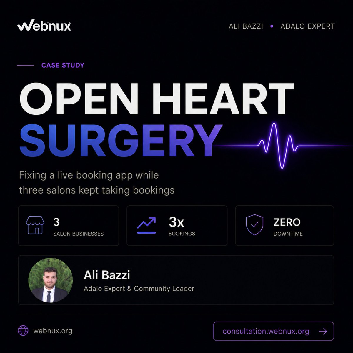 AliBazziX's tweet photo. Open heart surgery on a live booking app.

Three salons in Sweden. Customers getting double-booked daily. No way to take it offline, not even for an hour.

Wrote up what was wrong and how I fixed it underneath a running
business.

https://t.co/intWfG1AXz

@AdaloHQ #Adalo #NoCode https://t.co/cHiAs0iYmr
