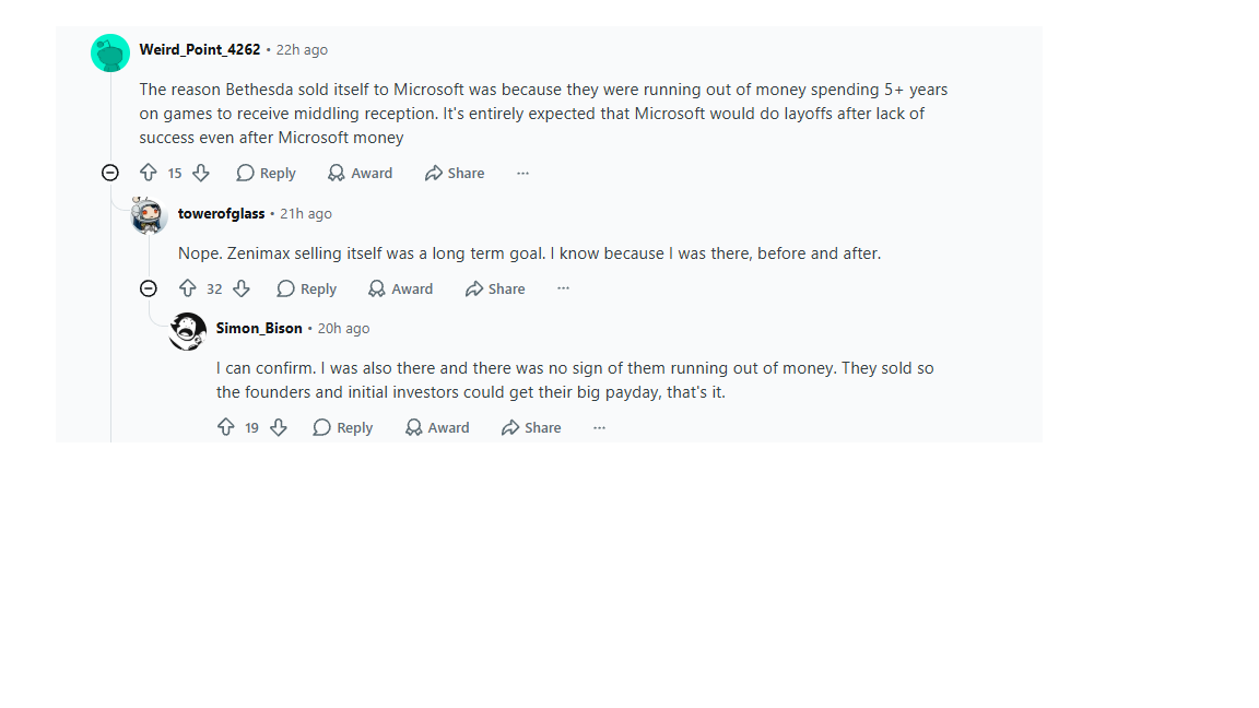 bogorad222's tweet photo. From r/gamedev
Not surpised
The "ZeniMax Media was running of money prior to being acquired by Microsoft" was always a gamer myth
#Bethesda #ZeniMax https://t.co/KgPQQuO6S2