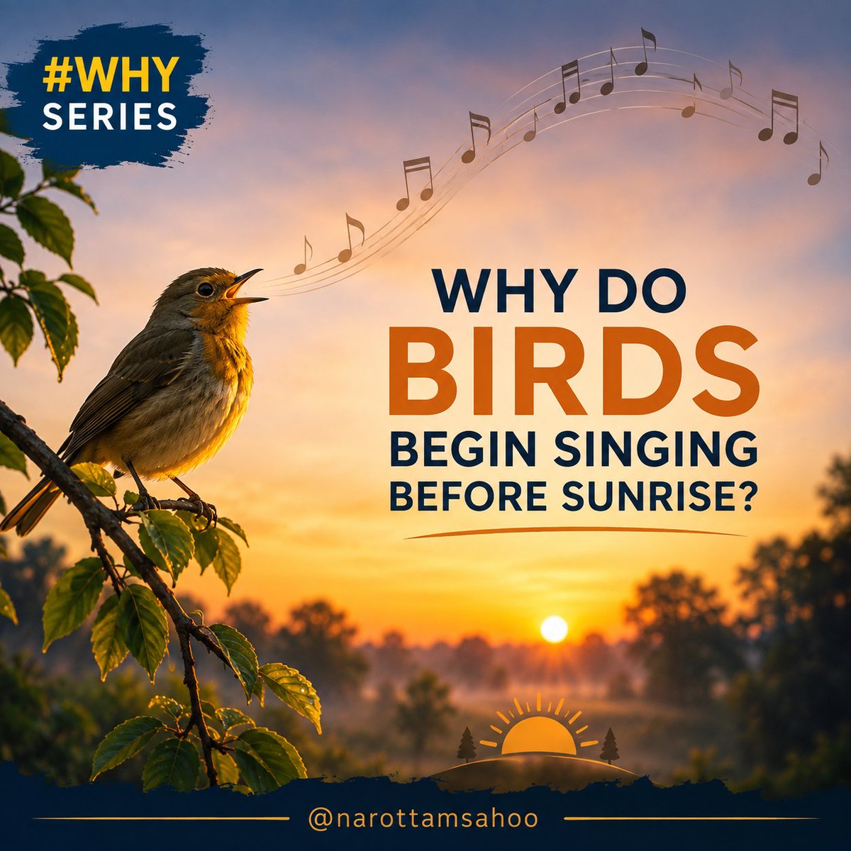 narottamsahoo's tweet photo. #WHYSeries?
Why do birds begin singing before sunrise?

The dawn chorus is nature’s morning symphony. In the quiet hours before daylight, birds sing to defend their territories, attract mates and communicate when cooler, calmer air can carry their voices farther.

But perhaps there is something more beautiful to remember: while the world is still waking, nature has already begun its song.

Every sunrise reminds us that a new day brings a new opportunity to speak, create and make a difference.