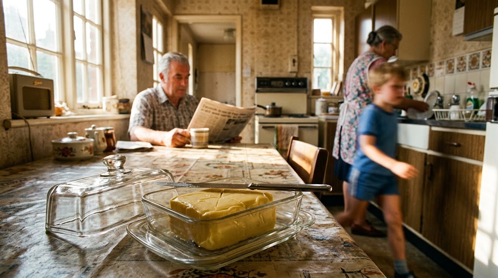 SamaHoole's tweet photo. Butter did not live in the fridge in this country until the mid eighties.

It lived on the table. Under a little lid, or a bell of frosted glass, and it stayed put from breakfast to supper. It got a top-up, never a wash and a fresh pack. When it ran low, more went in. It was there the way the salt was there and the teapot was there, and nobody in that house gave it a second thought.

And it was soft. You pulled it straight across warm toast without tearing a hole in the middle, without the wait, without the cold shrapnel that comes off a fridge-hard block.

It sat out through a July afternoon and nothing happened. It sat out through Christmas week beside the cake and nothing happened. Your grandmother kept butter on the side for fifty years and buried nobody.

Butter is around eighty per cent fat, and the water in it is locked in droplets inside that fat with the salt dissolved in them. Bacteria need free water and there is almost none to be had. The fat is the thing keeping it safe.

The fat. The exact property they spent forty years telling your mother would kill her is the property that lets butter sit on a table all summer and behave itself.

She knew none of that and she was right anyway.

Then the government's committee on nutrition reported in 1984, the country was told to cut the fat out, and inside about three years the dish was in a cupboard and there was a tub in the fridge door with a sunflower on the lid.

Butter out of a fridge cannot be spread. It tears the bread and sits on the knife in a lump. The tub beat butter on exactly one thing, which was that it came out already soft, and it only had that advantage because the competition had just been sent somewhere cold on doctor's orders.

Clover launched in September 1983, made by Dairy Crest, which was the processing arm of the Milk Marketing Board. The dairy industry's own company sold Britain the tub.

Then it sold the fix. Spreadable butter is butter with rapeseed oil blended through it so it comes out of the fridge soft, and the market leader runs at sixty four per cent butter to twenty three per cent oil. It costs more than the block it is diluting.

There is a generation now that flinches at a fat left out at room temperature, and the same people will eat mayonnaise out of a jar that has been sat on a warehouse shelf since March.

Leave a dish of it out tomorrow. Watch it sit there all day doing absolutely nothing, then spread it without a fight.

Your fridge is full of things that would have you on the floor by Thursday. The butter was never one of them.