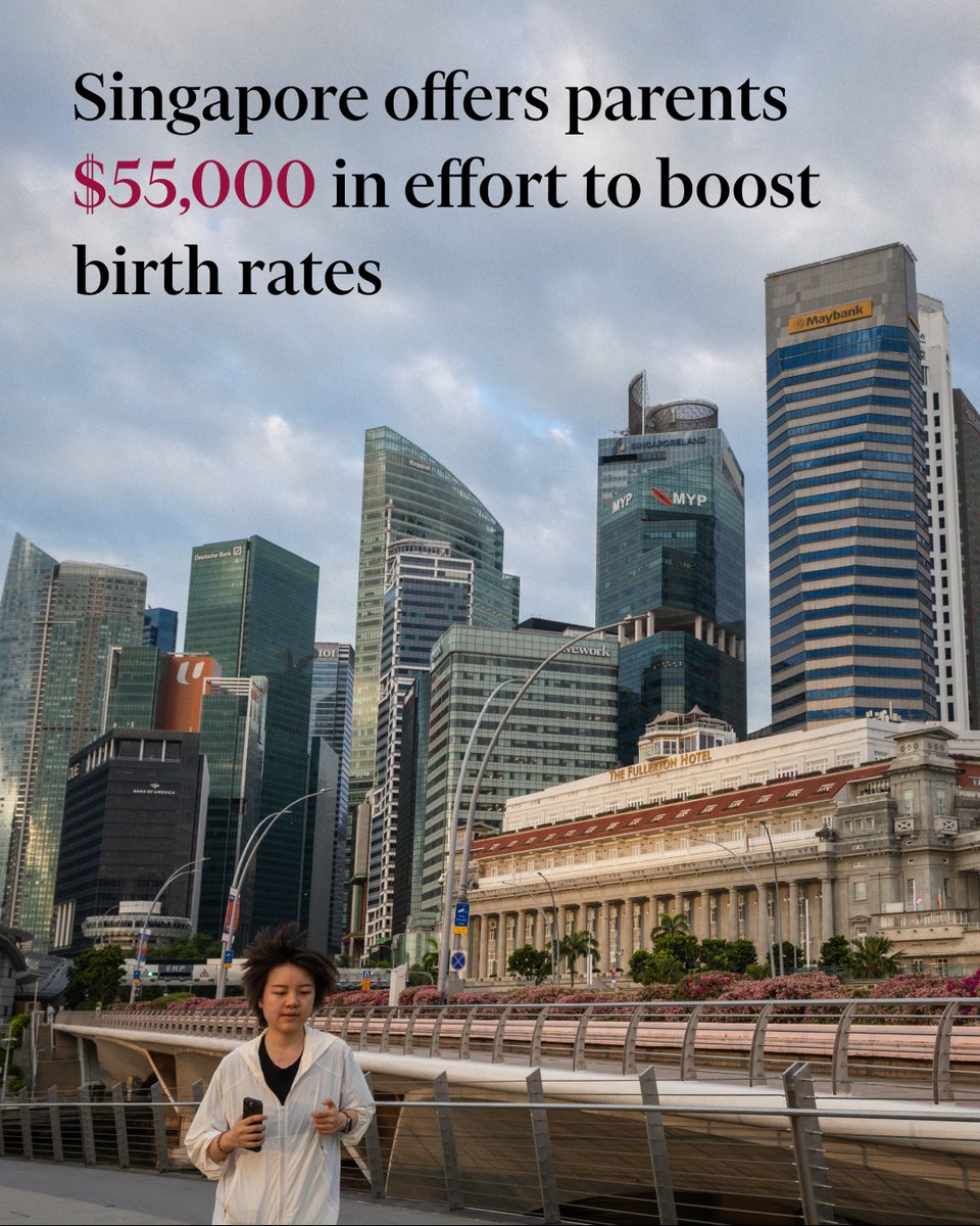 FT's tweet photo. Singapore has unveiled a package of measures to encourage families to have more children, offering parents more than $55,000 per child as the city-state battles a falling birth rate that has made it one of the fastest-ageing countries in the world. https://t.co/OSM8oviqnY https://t.co/C7NU7UUp80