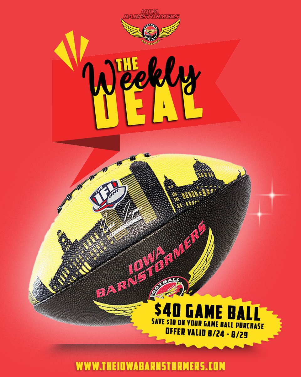 iabarnstormers's tweet photo. The Weekly Deal is here! ✨

Score savings on an Official Iowa Barnstormers Game Ball featuring the Des Moines skyline!  🏈 👉 https://t.co/IGZNEOJMPY

Offer valid 8/24–8/29. https://t.co/NbELkF8MwC