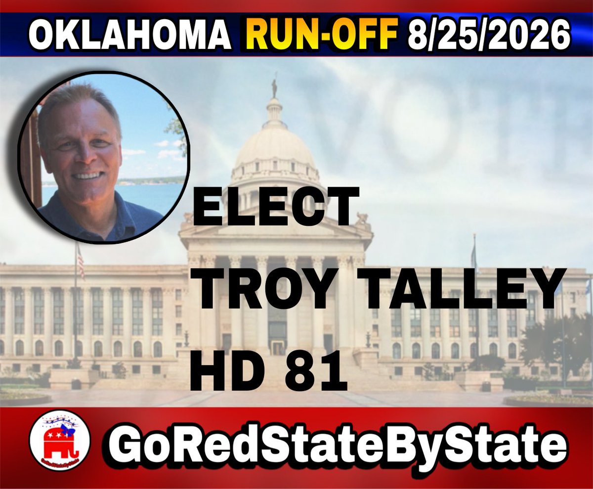 FloridaGirlUSA6's tweet photo. Oklahoma RunOff 8/25/26
Troy Talley for HD 81
#GoRedStateByState https://t.co/i4Wehwdixe