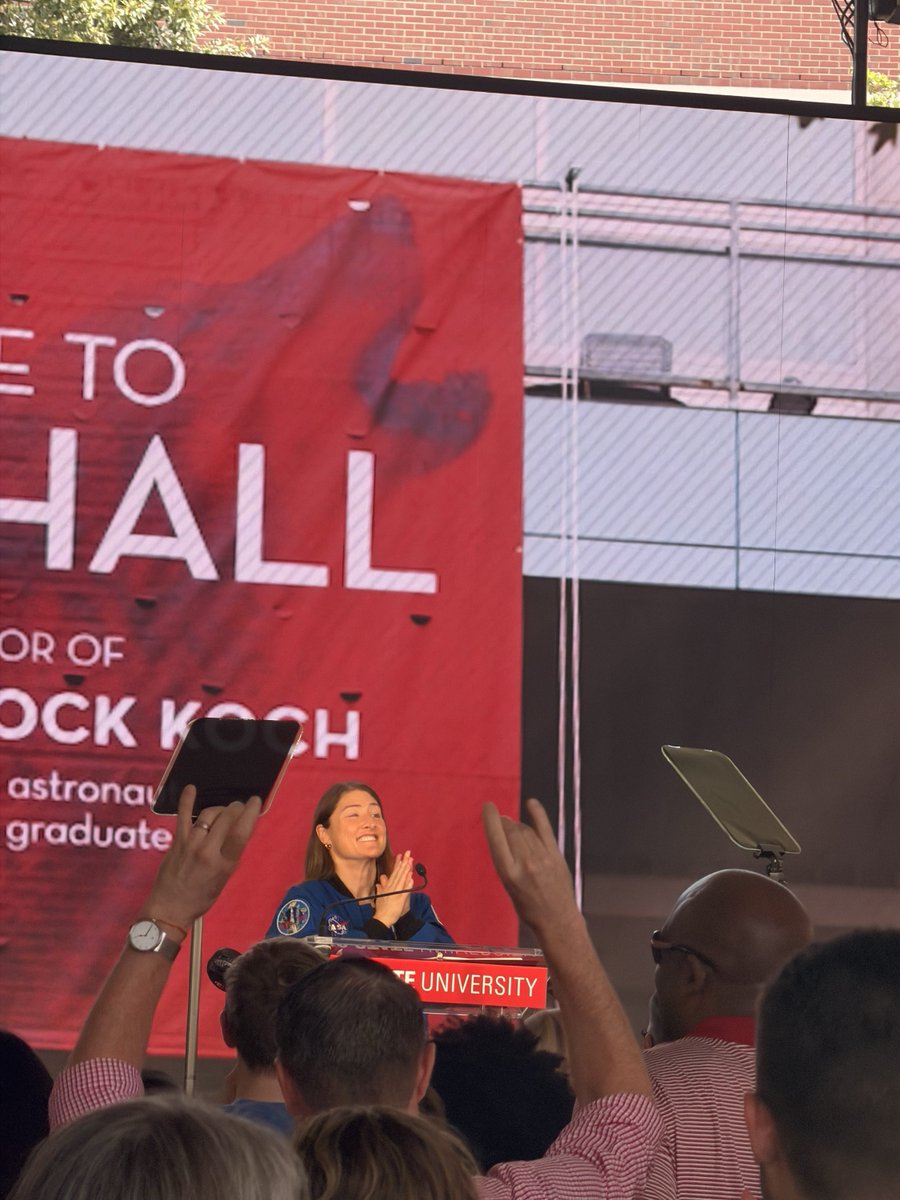 NCState's tweet photo. “328 days in orbit, and nearly 700K miles around the moon did not begin at a launch pad. They began on Stinson Dr. — me, unconventional, quiet but with loud hair, and wondering if I belonged. Students of every kind, walking by and into this building, are my why.” —Christina Koch https://t.co/L0Oa1VRmcn
