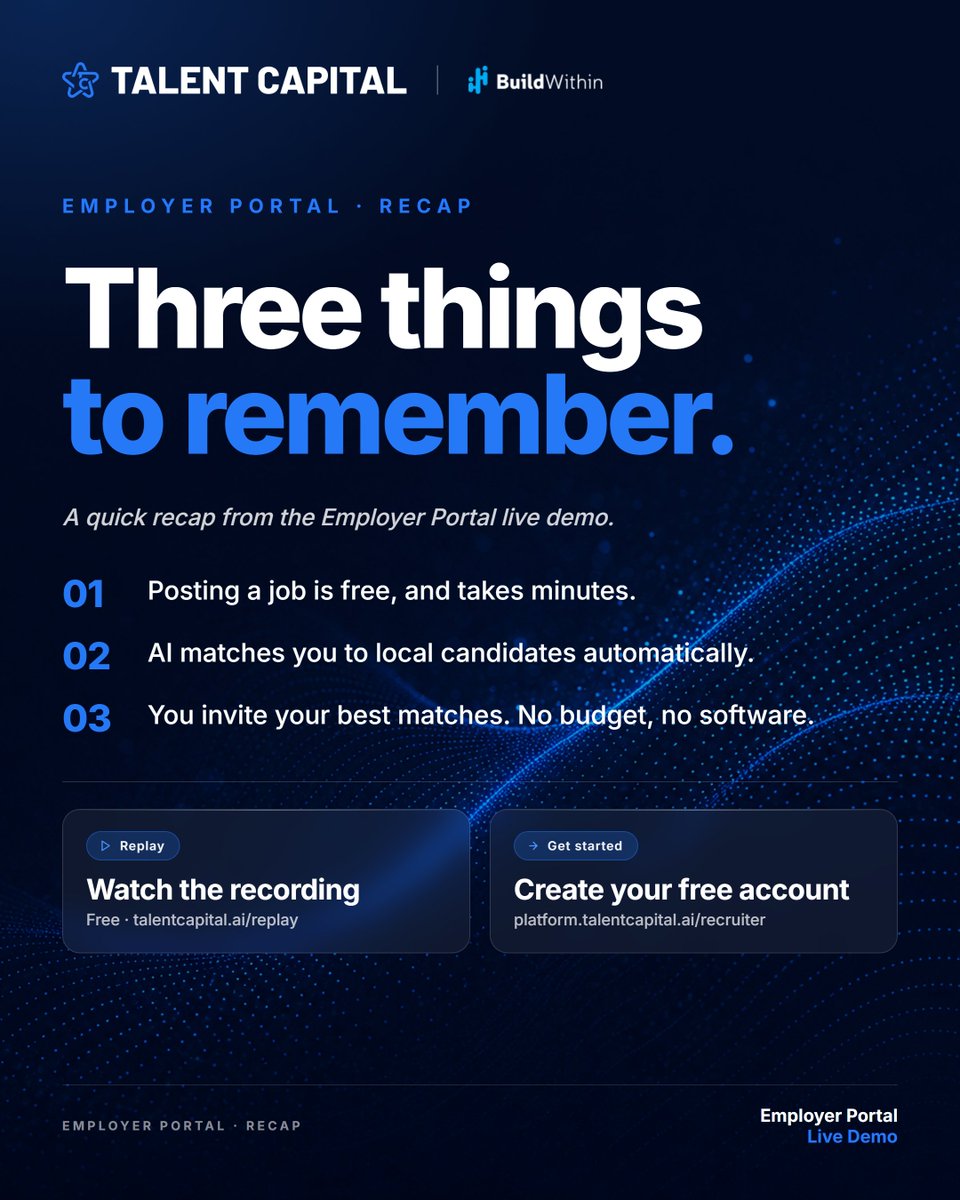 JoinBuildwithin's tweet photo. 3 things worth remembering from our Employer Portal Live Demo:

1⃣ Posting a job is free and takes minutes.
2⃣ AI matches you to local candidates automatically.
3⃣ Invite your best matches no budget, no software.

Missed it? Watch the replay ↓
https://t.co/O6T0VD17Nl

#Hiring #TalentCapital