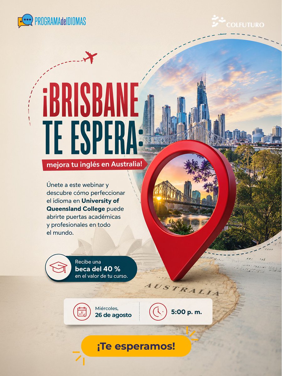 Colfuturo's tweet photo. 🇦🇺 ¿Por qué Brisbane para aprender inglés?

Porque estudiar en Australia también puede ser una forma de vivir el idioma: conocer una nueva cultura, estudiar en un entorno internacional y sumar una experiencia que trascienda el aula.

En este webinar te contaremos qué ofrece @UQCollege , cómo funciona el programa y cómo puedes acceder a una beca del 40 % en el valor del curso.

Conoce todos los detalles antes de elegir tu próximo destino: https://t.co/YeQxpZ9cx7 🌏

#estudiaringles #becasingles #estudiarenaustralia #colfuturo