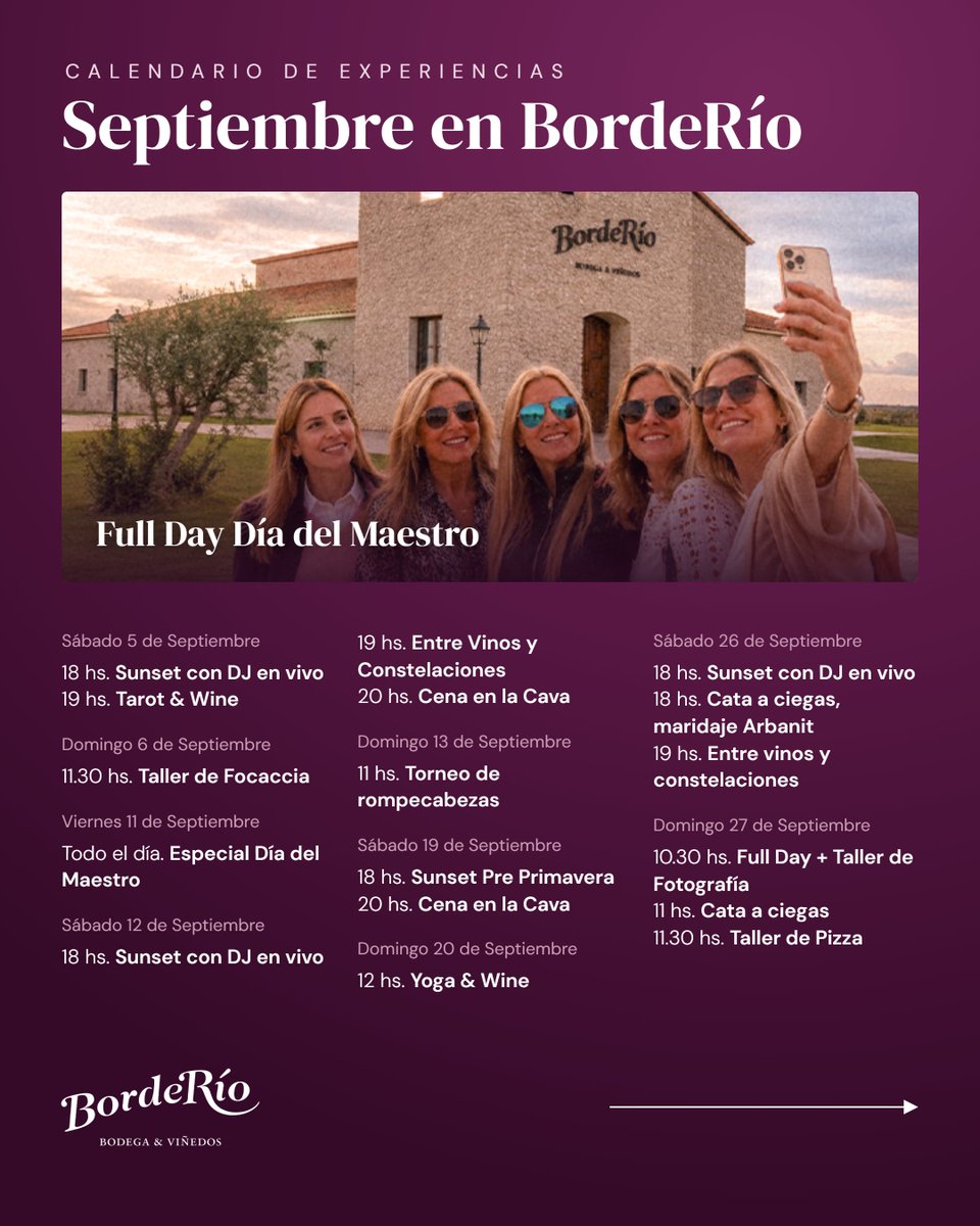 BodegaBordeRio's tweet photo. 🌸���� Septiembre llega con aire de primavera y muchos planes para disfrutar BordeRío.
👉 Mirá el calendario completo y reservá tu experiencia en https://t.co/CezkrhtJhp o mandanos un mensaje directo💬.
#borderio #viñedo #bodega #eventosborderio #enoturismo https://t.co/hLkurGRHOT