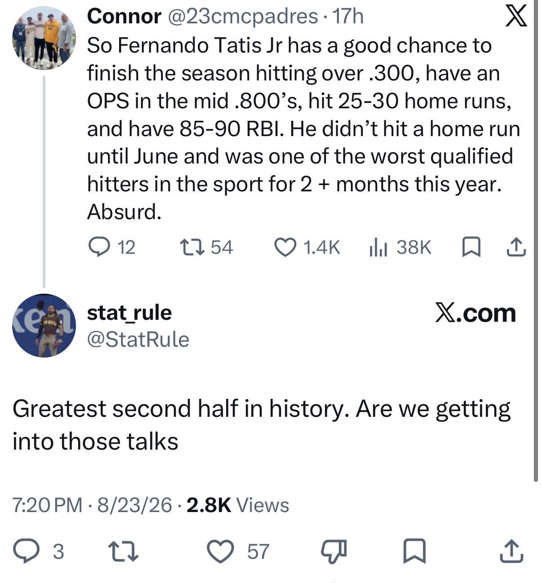 TheSheepAwaken's tweet photo. This is a clear example of mental illness.

Sheep really think Tatis is having a magical second half of the year.

Clearly shows they can script when the guy goes and when he can’t.. 

Also the players on are a schedule. https://t.co/u4um3ayNYi