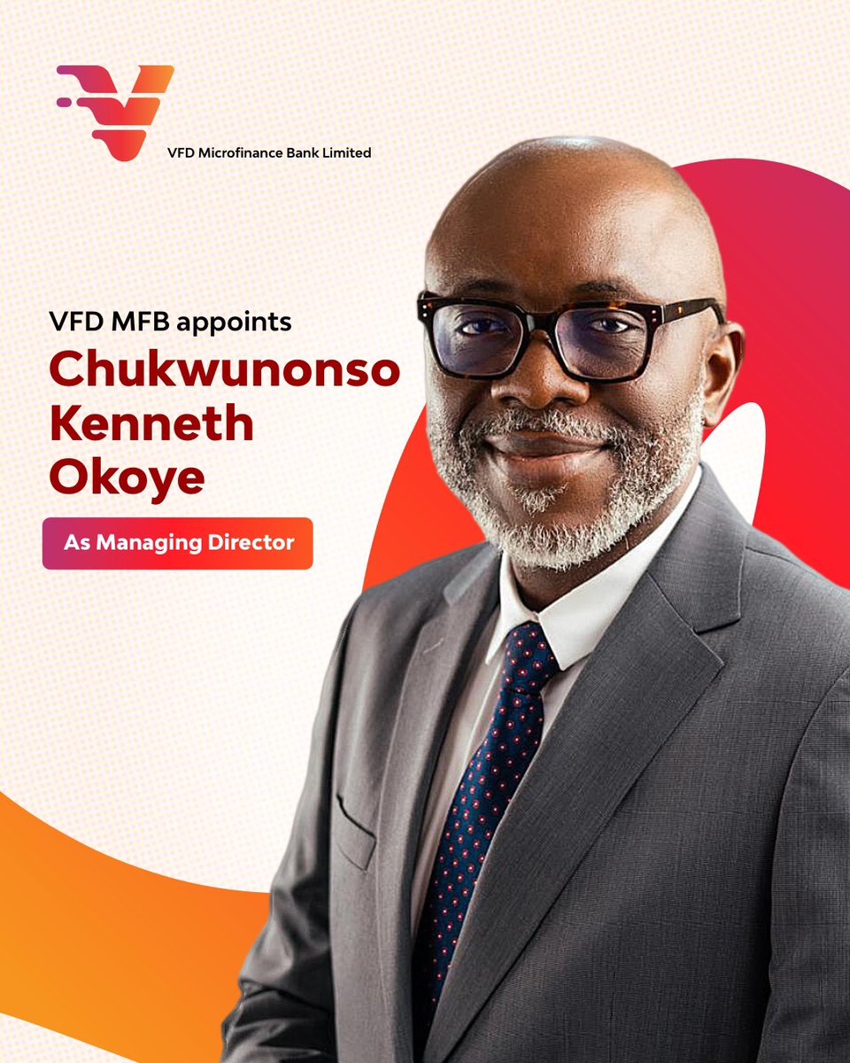 Vfdbankng's tweet photo. We are pleased to welcome Mr. Chukwunonso Kenneth Okoye as Managing Director of VFD Microfinance Bank. 
With his wealth of experience and strategic leadership, we look forward to an exciting new chapter of growth, innovation and greater value for our customers.
#VFDMFB #Leadership #NewChapter