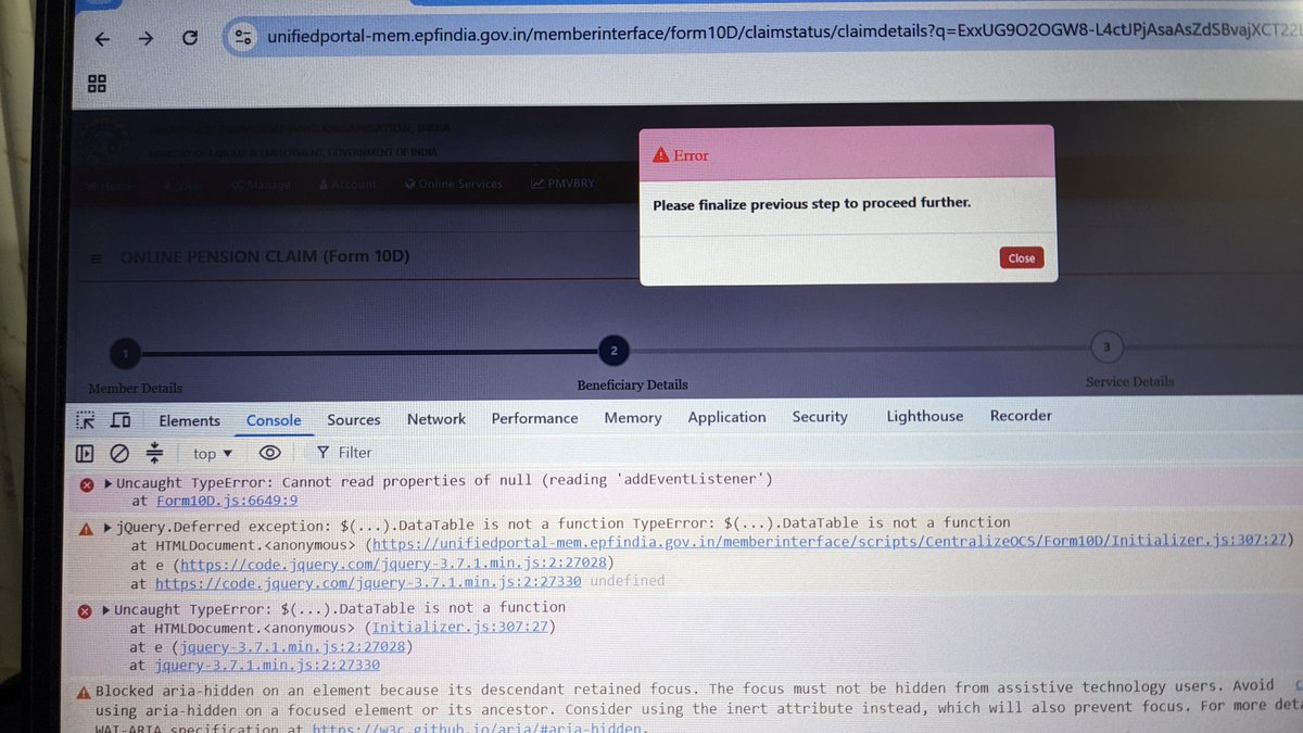 CloudNative_'s tweet photo. Day 22: Still unable to submit EPFO Claim Form 10D.

Dear @officialepfo @LabourMinistry @mansukhmandviya @epfokandivaliw1
@epforokandivali The same issue continues: ✅ "Beneficiary Details Updated Successfully"
But after closing the popup, it returns to the same page. When I click Service Details, it shows: ❌ "Please finalize previous step to proceed further."

Also, please don't respond with the standard template asking me to share my UAN via DM. 
Kindly investigate the issue and provide a resolution instead of a generic reply of asking UAN.
#EPFO #EPS #Form10D #Pension