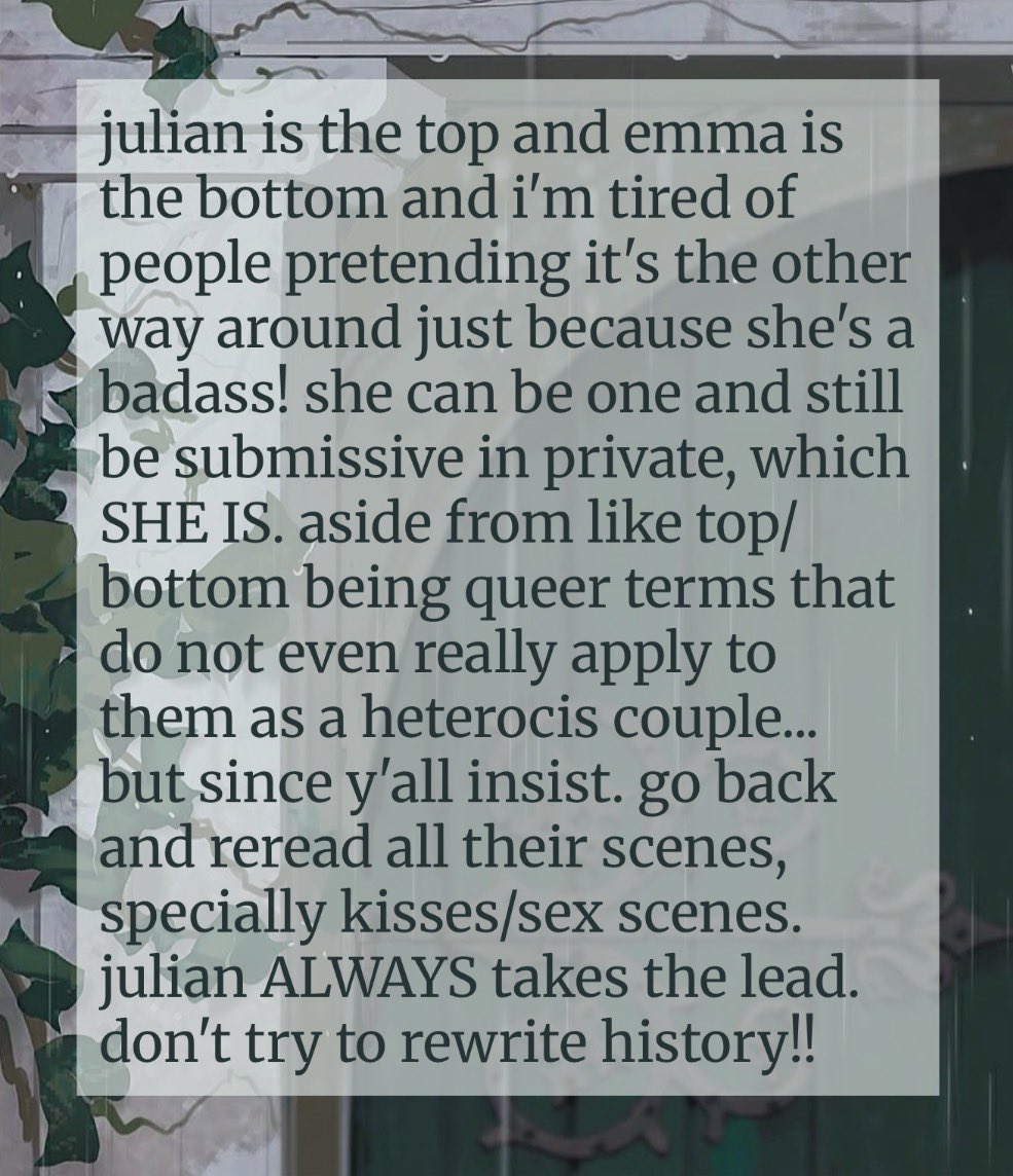 tsc_confessions's tweet photo. ya emma isn’t the top unless she’s pegging julian which i DID read in a fic once and it was written like perfectly in character https://t.co/WcKRfz3bnI