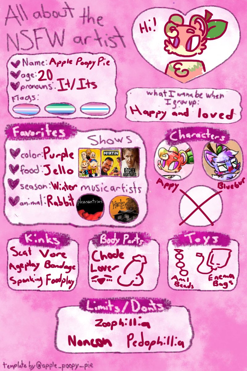 apple_poopy_pie's tweet photo. #INTRO POST FINALLY

🎂 20 (21 in 2 weeks!)
🍎 It/Its • black • bigender • single • 5 months on T 🏳️‍⚧️

⚠️ #NSFW FETISH ART PAGE
❤️‍🩹 childhood/adulthood SA survivor

❌ I DON'T draw noncon, pedo or zoo art

🖍️ #COMMISSIONS OPEN! (SFW allowed too, Just $5-10!) https://t.co/38bKub6KQ3