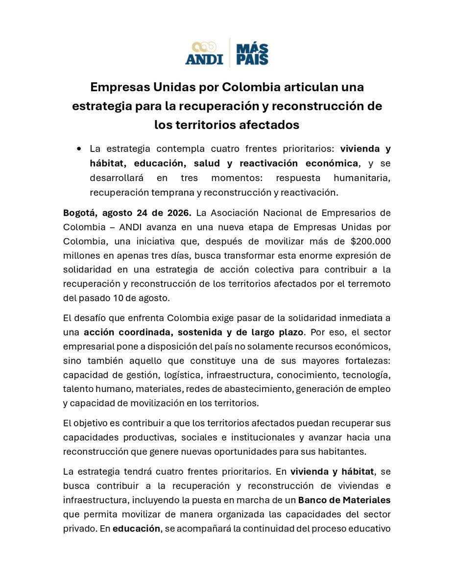 ANDI_Colombia's tweet photo. 🇨🇴Empresas Unidas por Colombia articulan una estrategia para la recuperación y reconstrucción de los territorios afectados.
Conozca más aquí: https://t.co/fB6RN8aq9U 
#MásPaísANDI https://t.co/92GWACi6ve