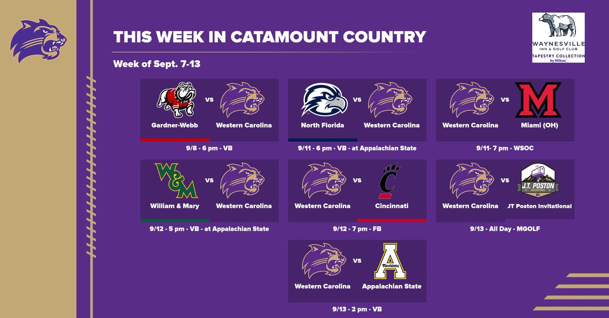 Catamounts's tweet photo. This week in #CatamountCounty begins on Tuesday with the first home court action of the year for @CatamountVB before they head up the mountain to Boone. 

@CatamountsFB and @catamountsoccer both head to the Buckeye State for nonconference action.

The week wraps up with the opening round of the 2026 JT Poston Invitational in Waynesville for @CatamountMGolf