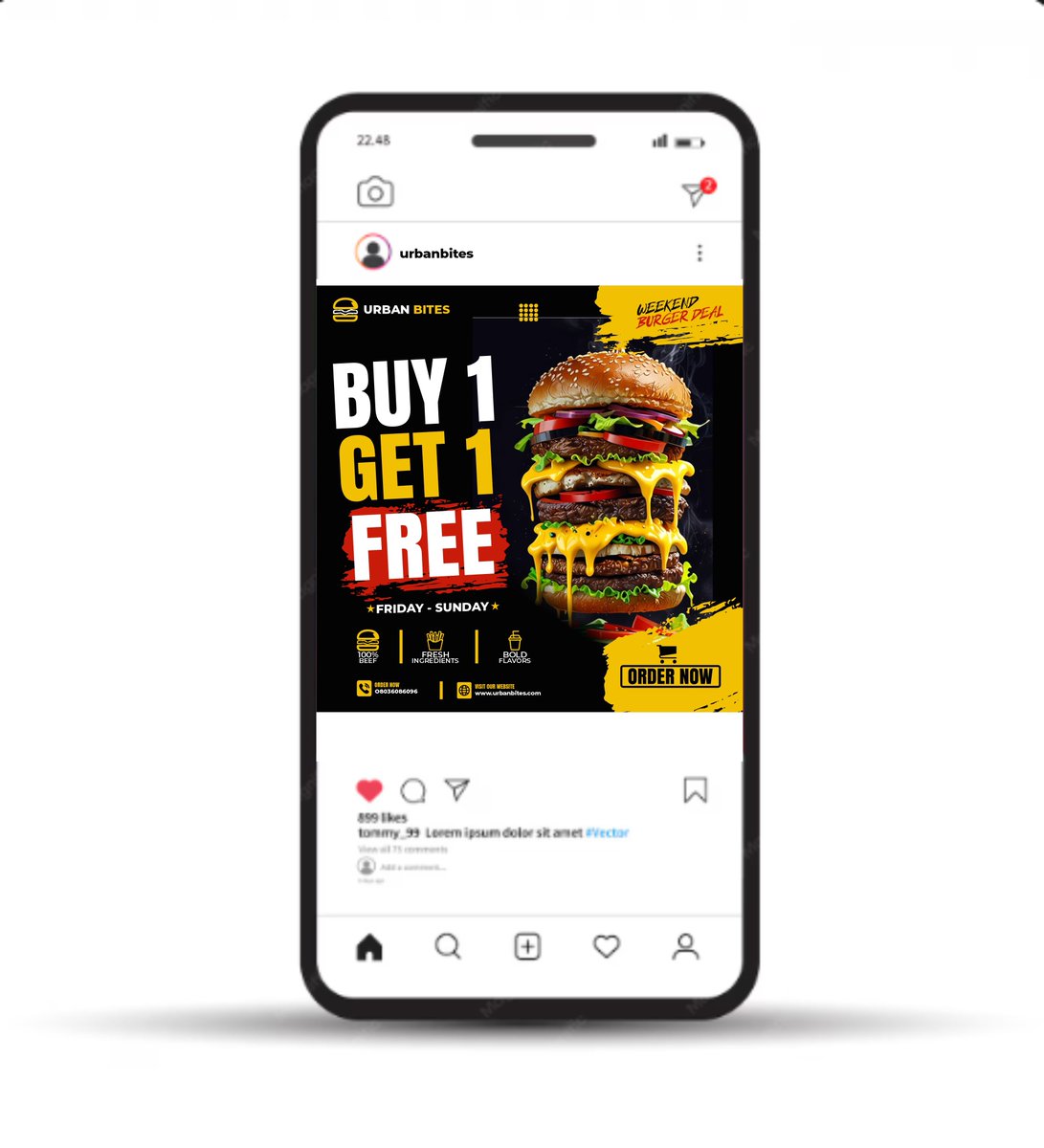 Ukmarv's tweet photo. DAY 01/30 — Urban Bites 🍔

Kicking off my 30-Day Graphic Design Challenge 

The goal was to create a bold, attention-grabbing design that communicates the offer within seconds.

29 more designs to go.

#30DayDesignChallenge #GraphicDesign #Day1 https://t.co/n8tuDllPki