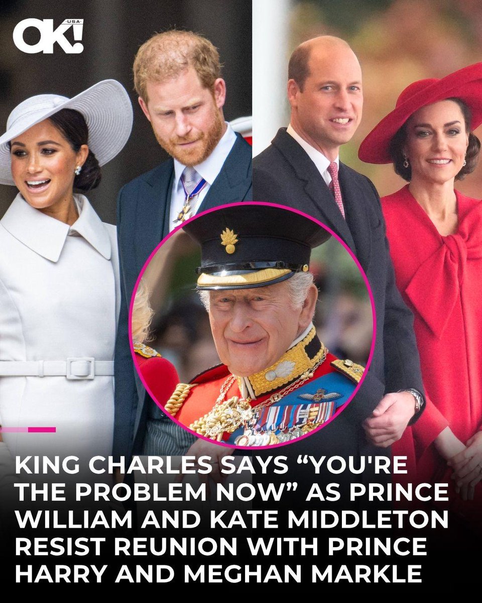 OKMagazine's tweet photo. Could a royal family reunion finally be on the horizon?King Charles is reportedly putting pressure on Prince William and Kate Middleton to make peace with Prince Harry and Meghan Markle. 

According to a source, the monarch believes the ongoing rift has weakened the royal family and is frustrated that William and Kate are allegedly resisting a reunion with the Sussexes: https://t.co/CBghVspyJS