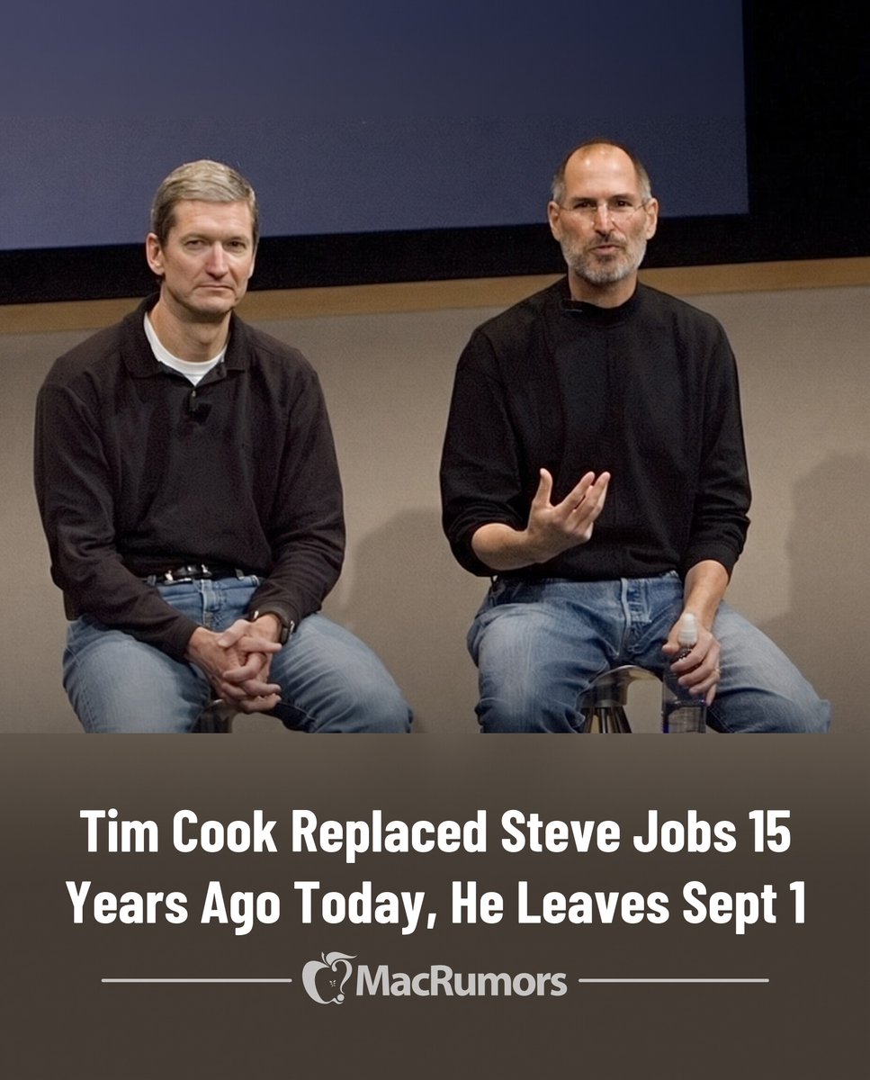 MacRumors's tweet photo. Tim Cook Replaced Steve Jobs 15 Years Ago Today, He Leaves Sept 1 https://t.co/qTsUblx6xE https://t.co/2eMIEt5QLU