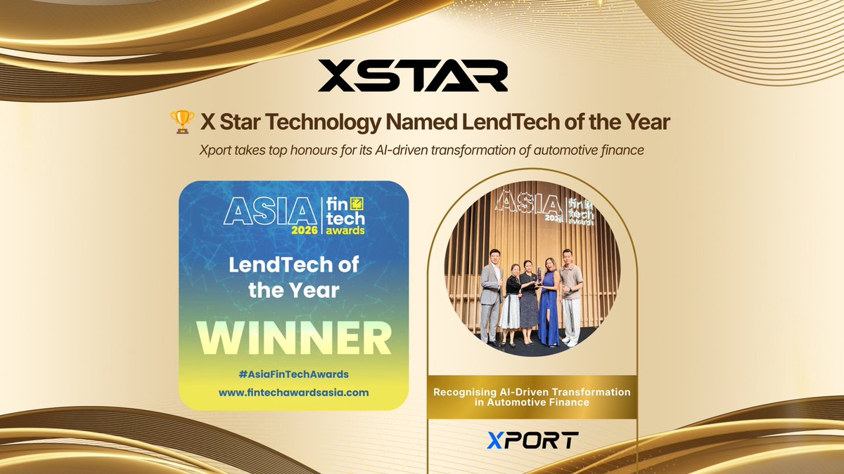 FinTech_Intel's tweet photo. 🏆 @XStar_Singapore named LendTech of the Year at the Asia FinTech Awards 2026.

The win recognizes Xport, the dealer portal that brings the whole auto financing journey onto one platform.

Congrats to the X Star team!

To learn more: https://t.co/oPaXtOH8ru https://t.co/7AOqO0kQ7b
