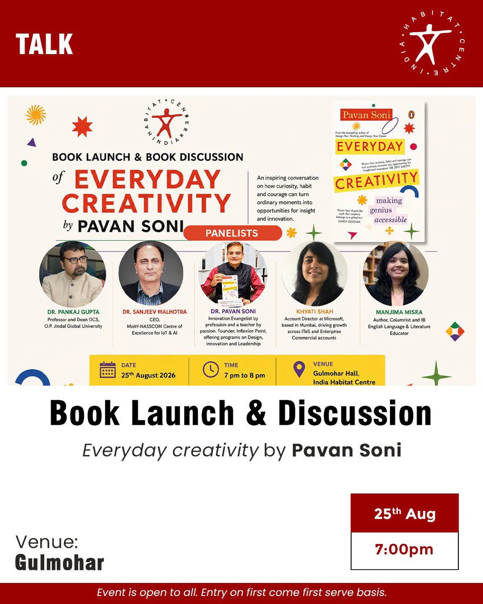 IHCDelhi's tweet photo. Join us for a book launch and discussion on “Everyday Creativity” by Pavan Soni. An inspiring conversation on how curiosity, habit and courage can turn ordinary moments into opportunities for insight and innovation. Panelists: Dr. Pankaj Gupta, Professor & Dean OCS, O.P. Jindal Global University; Dr. Sanjeev Malhotra, CEO, MeitY-NASSCOM Centre of Excellence for IoT & AI; Dr. Pavan Soni, Professor, Teacher, Founder - Inflexion Point; Khyati Shah, Account Director, Microsoft. Moderator: Manjima Misra, author, columnist, educator. 

25th Aug | 7:00pm | Gulmohar
#IndiaHabitatCentre #IHCDelhi #Talk #BookLaunch