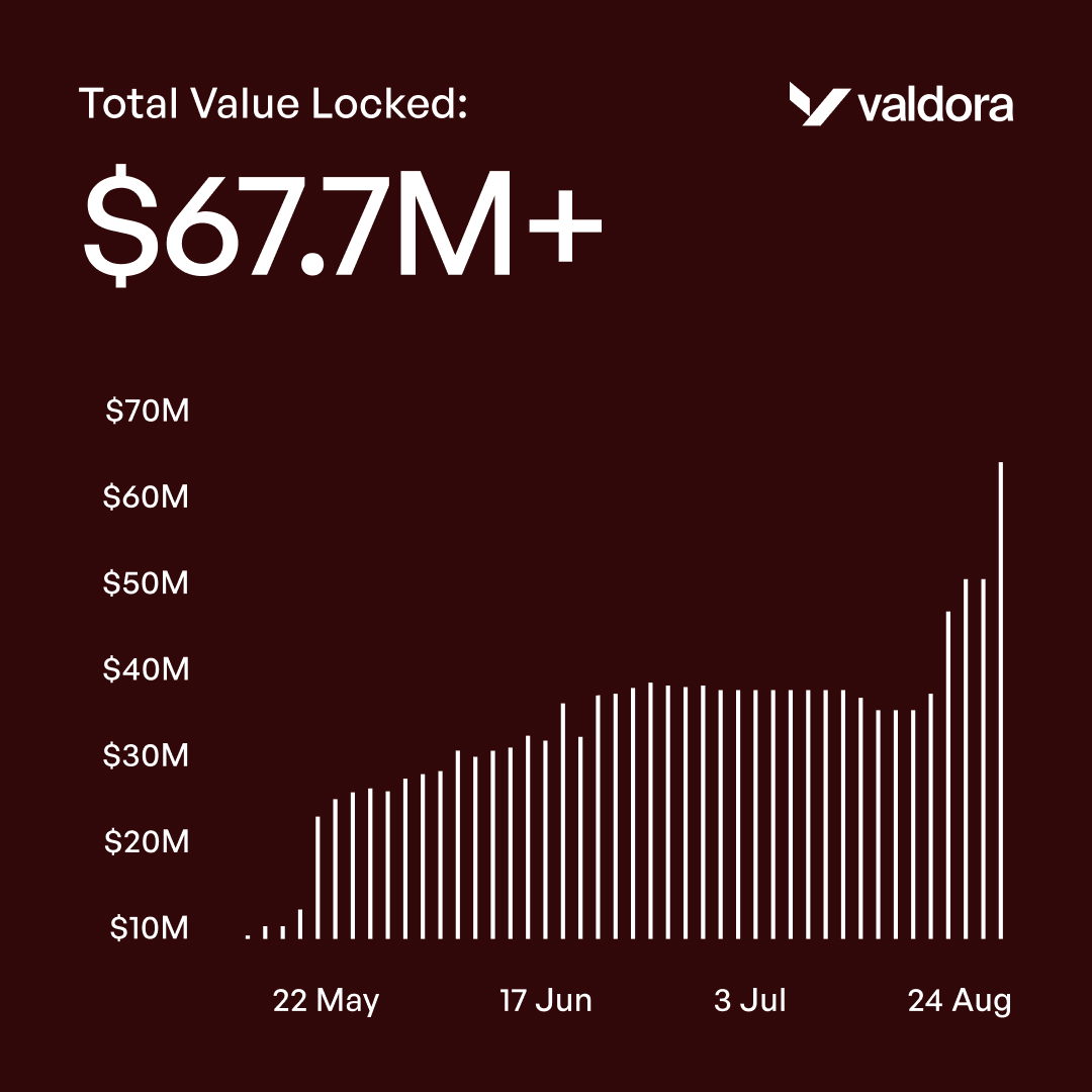 Valdora_finance's tweet photo. Valdora has hit another ATH. +$16.47M in a week, now at $67.7M. Onwards 🚀 https://t.co/NKnINd1ddZ