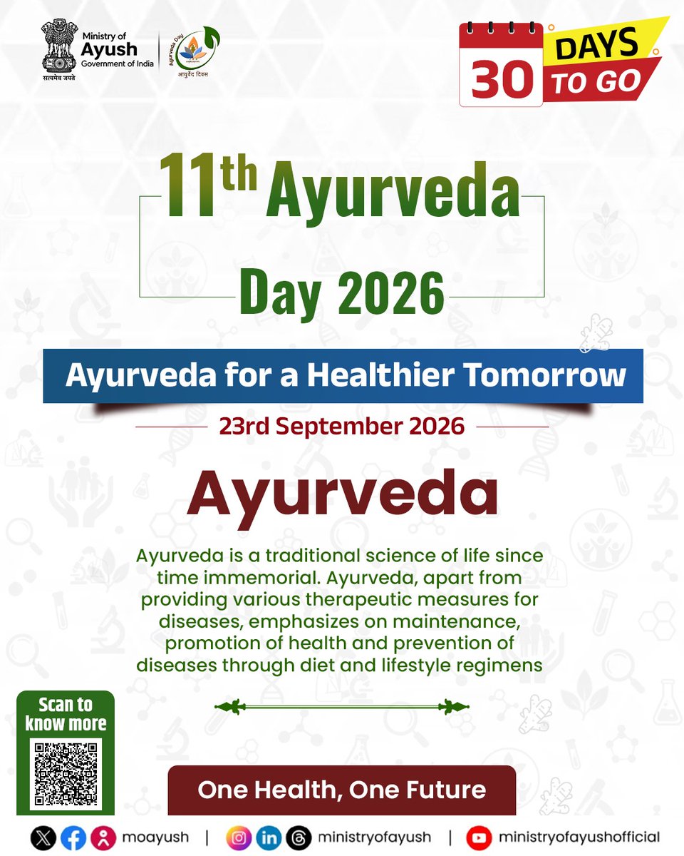 moayush's tweet photo. The countdown to the 11th Ayurveda Day 2026 begins!

As we move towards the 11th Ayurveda Day, the focus is on advancing Ayurveda through evidence, research, innovation and integrative healthcare, strengthening its contribution to better health outcomes and a healthier, sustainable future.

Together, let us advance the vision of “Ayurveda for a Healthier Tomorrow” and “One Health, One Future.”

#11thAyurvedaDay #AyurvedaDay2026 #AyurvedaForAHealthierTomorrow #OneHealthOneFuture #AyurvedaforAll

@PMOIndia | @narendramodi | @mpprataprao | @secymoayush |@CCRAS_MoAyush |@AIIA_NDelhi |@NIAJaipur |@PIB_India | @PIBAYUSH | @DDNewslive | @sansad_tv | @AIRNewsHindi | @mygovindia | @MyGovHindi