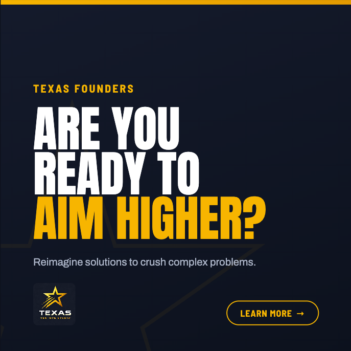 TxVentureStudio's tweet photo. Texas founders, are you ready to aim higher?

Texas Venture Studio partners with bold founders to reimagine solutions and crush complex problems, not just patch them.

Ready to aim higher?

Learn more.

#TexasFounders #VentureStudio #TexasStartups https://t.co/QfD0RFC5ex