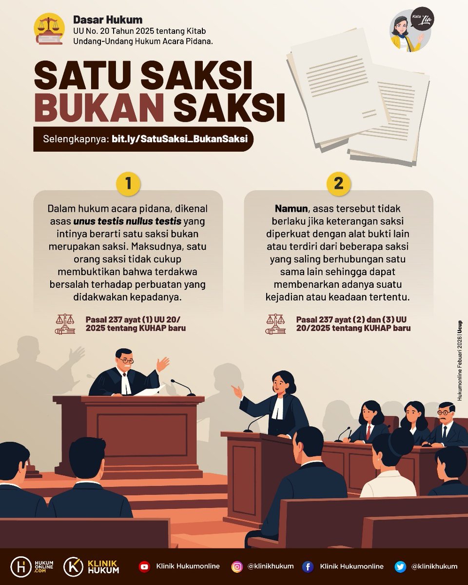 klinikhukum's tweet photo. Hukum acara pidana mengenal asas hukum unus testis nullus testis yang arti singkatnya satu saksi bukan merupakan saksi. 

Selengkapnya: https://t.co/tIQPEjsDM4

#klinikhukum #hukumonline #melekhukum #infografishukum #saksi https://t.co/AQhBbZ4w9a